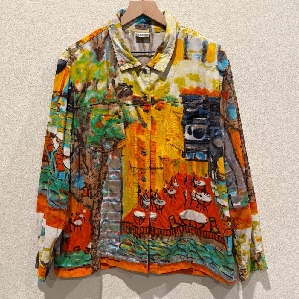 CHICO'S Women Corduroy Jacket Size XL Art To Wear Impressionist Cafe Scene Print